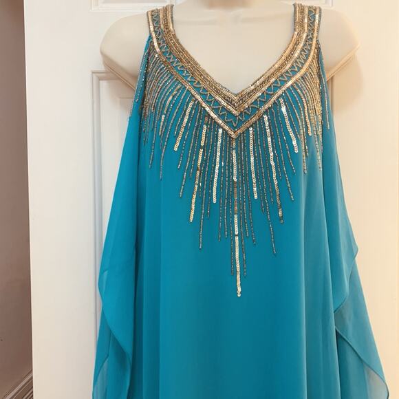 Cache NWT Aqua With Gold Beaded Sequin Chiffon Cocktail Dress Size 10 - Picture 3 of 15